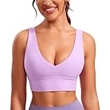 CRZ YOGA Butterluxe Womens V-Neck Longline Sports Bra - Wireless U-Shaped Open Back Yoga Low Impact Padded Crop Top Lilac Small