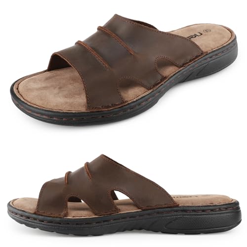 Image of riemot Mens Leather Slide Sandals Comfortable Lightweight Summer Beach Slides with Memory Foam Footbed Casual Walking Cushioning Slip on Sandal Indoor & Outdoor US 9-14