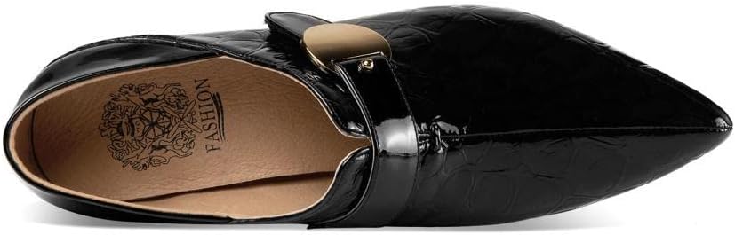 TinaCus Handmade Women's Patent Leather Stone Pattern Buckle Pointed Toe Mid Chunky Heel Shoes
