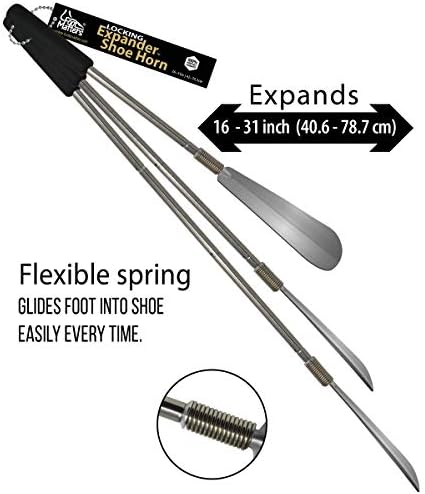 FootMatters Expander Shoe Horn Extra Long Handle Stainless Steel Twist to Lock Extends 16 to 31 inches