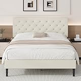 BarnFurin Queen Bed Frame, Upholstered Platform Bed with Button Tufted Headboard, Fabric Bed Frame with Wooden Slats Support, No Box Spring Required, Easy Assembly, Cream