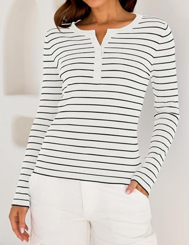 ZESICA Womens Long Sleeve Striped Shirts V Neck Button Up Sweater Casual Loose Basic Tops Trendy Spring Clothes2