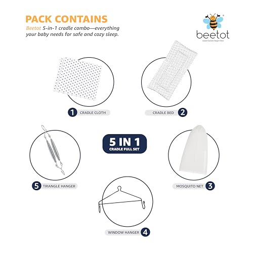 Image of beetot Baby Swing Cradle (Jhula) for Newborns - Cloth Cradle with Removable Mattress, Mosquito Net, Spring & Triangle Hanger | Up to 15 kg | (White Navy Dot)