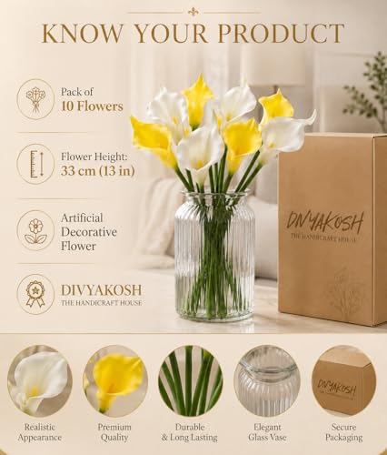Image of Divyakosh 5 White + 5 Yellow Calla Lily Flowers, Artificial Calla Lily Flowers Bunch for Home Decor, Decorative Flowers for Vase (VASE NOT Included), Artificial Flower for Decoration, Living Room