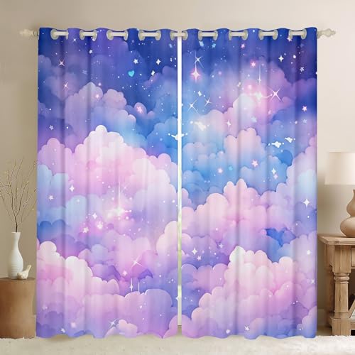 Feelyou Rainbow Sky Clouds Stars Window Drapes Colorful Pink Blue Purple Cloud Window Curtains for Bedroom Living Room Kids Boys Girls Princess Curtains Soft Grommet Curtain, 42W X 63L,2 Panels