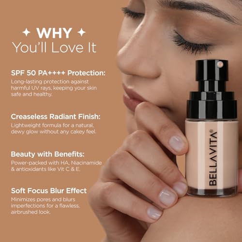 Image of BELLAVITA Hydmatte FX - Airbrush Liquid Foundation with SPF 50 and PA ++++ for Radiant Finish | Infused with Hyaluronic Acid & Niacinamide| 16 hour oil control | Creaseless, Smooth Finish | Lightweight & Long-Lasting Formula | Soft Sand | 30 ML