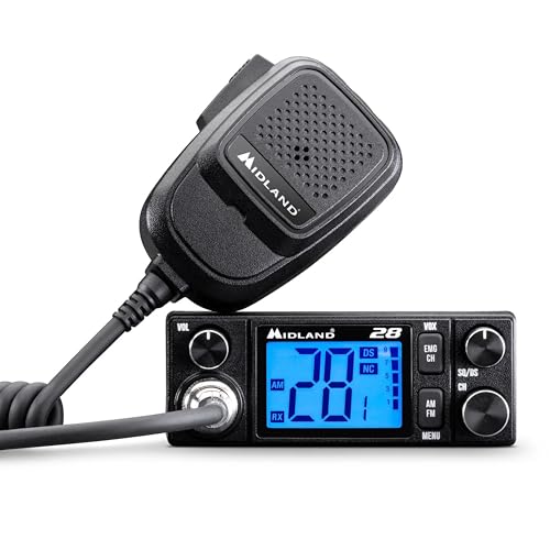 Midland 28 CB-Funkgerät mit 2 LCD-Display, VOX Freisprechfunktion, Noise-Canceling, 12/24V, Multistandard, RF-Verstärkung, für Auto und LKW, schwarz