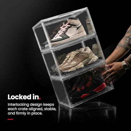 Image of SHOEGR Shoe Storage Box | Transparent Heavy Duty Sneaker Shoe Boxes Storage Organiser, Side Drop Magnetic Closure, Large Size Fits Up to UK 14, Pack of 1