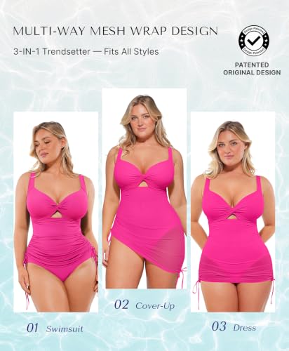 Image of SHAPELLX Tummy Control One Piece Swimsuit with Mesh Wrap Skirt Swim Dress