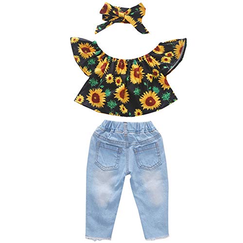 BAOBAOLAI Roupas para bebês meninas Girassol com babados Blusas de manga com calças jeans 3 peças Ro
