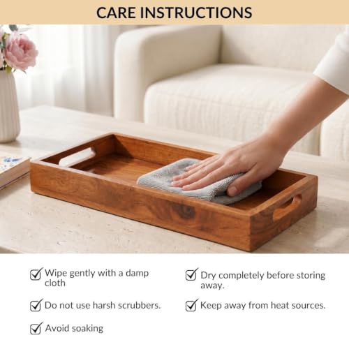 Image of Nestasia Wooden Serving Tray with Handles (41x16cm) - Acacia Wood Rectangular Brown Tray for Dining & Coffee Table | Platter for Serving Tea, Cakes, Snacks, Breakfast & Home Decor (Warm Honey-Brown)