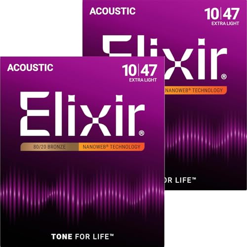 Image of Elixir Strings, Acoustic Guitar Strings, 80 /20 Bronze with NANOWEB Technology, Longest-Lasting Bright and Focused Tone For Life with Comfortable Feel, 6 String Set, Extra Light 10-47 (Pack of 2)