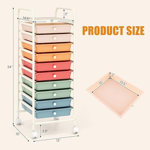LDAILY 10 Drawer Rolling Storage Cart, Craft Organizer on Wheels, Drawer Cart with Metal Frame & Large Storage Capacity, Rolling Cart with Drawers for Living Room Classroom, Office - Thumbnail 3