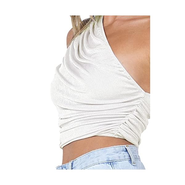 LYANER-Womens-Sexy-Ruched-One-Shoulder-Sleeveless-Crop-Top-Strappy-Cami-Tank LYANER Women's Sexy Ruched One Shoulder Sleeveless Crop Top Strappy Cami Tank White Small