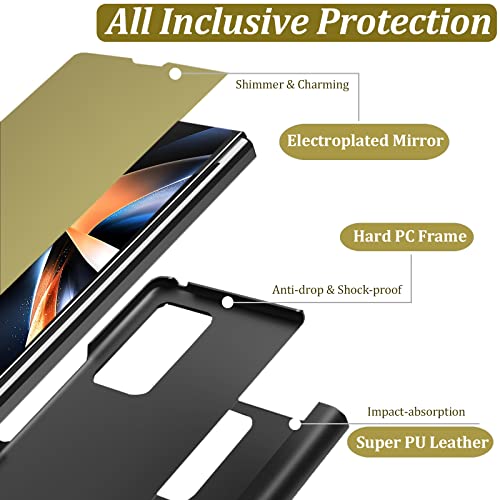 Ninki Compatible With Gold Samsung Galaxy Z Fold 4 Mirror Case With Kickstand Women Girls,Luxury Flip Mirror Pu Leather Hybrid Pc Bumper Full Protection Phone Case For Samsung Galaxy Z Fold 4 5G 2022 #TOP1