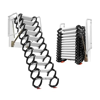 PXVWA 12 Step Attic Ladder, 10FT Wall-Mounted Attic Loft Stairs, 700LBS Capacity Extension Loft Stairs Narrow Stairs, Heavy Duty Folding Attic Stairs for Attic, Shanty