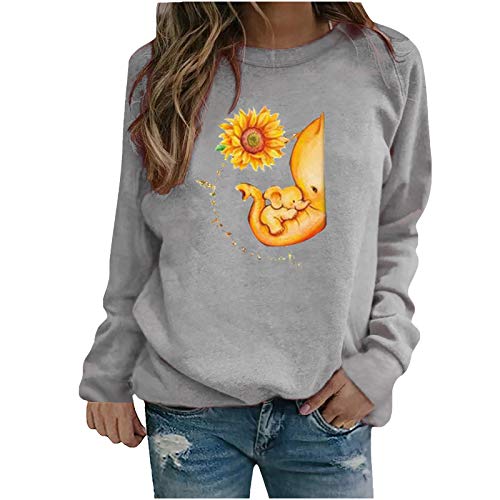 Sweatshirt for Women Crew Neck Long Sleeve Casual Tops Elephant Sunflower Print Blouse Fall Winter Trendy Jumper Tops