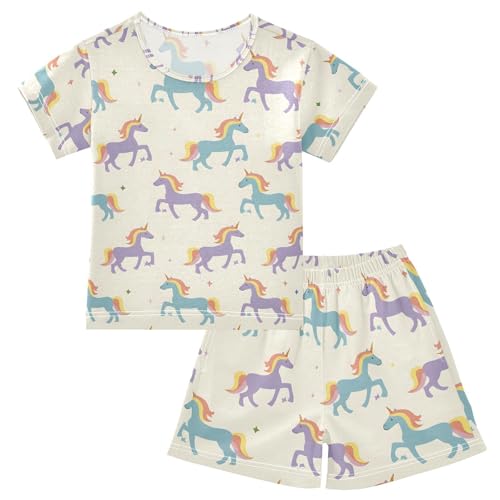 ALAZA Cartoon Blue Unicorn Pajamas Short Sleeve 2 Piece Sleepwear Top and Bottom Pajama Set Unisex