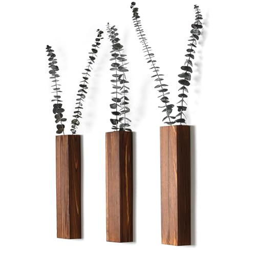 Sawoake Wooden Wall Planter Set of 3 - Modern Home Decor for Living Room, Bedroom, Bathroom - Walnut Finish Planter for Dried Flowers, Faux Greenery, Indoor Plants