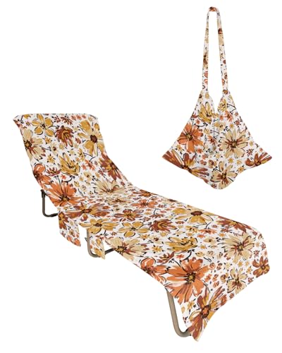 Fall Flower Beach Chair Towel Covers for Chaise Lounge with Side Pocket, Soft Plush Pool Towels Cover for Patio Sunbathing Outdoor 29''x85'' Rustic Vintage Farmhouse Floral Abstract Watercolor