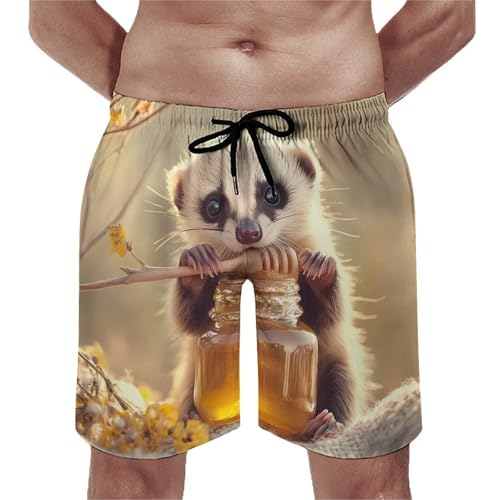 Cute Ferret Honey Mens Swim Trunks Quick Dry Beach Swimming Shorts with Mesh Lining and Pockets
