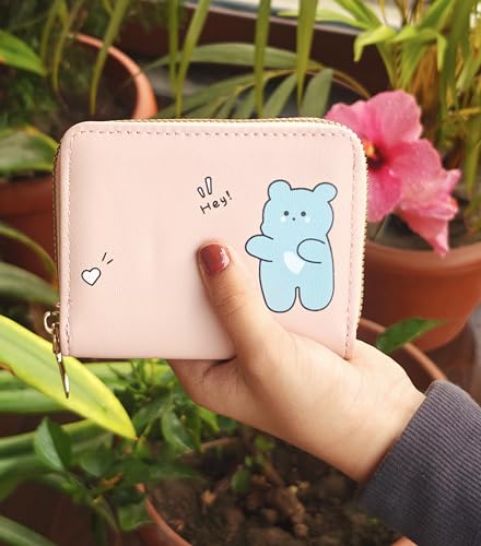 Image of Women Small Wallet Wallets for Girls Credit Card Holder Coin Purse Zipper Small Secure Card Case Cute Wallets Mini Wallets for Women (Pink Bear)