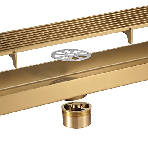 FENOKD 24 INCH Linear Shower,304 Stainless Steel Shower Floor Drain with Insert Grate Removable Brushed Gold Deodorant Rectangle Floor Drain