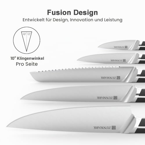 ZUNMARK Küchenmesser-Set, 6-teilig mit Block, X50CrMoV15 Hochleistungs-Edelstahl aus Deutschland, Platzsparendes Design – Ansicht 5