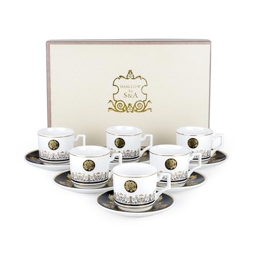 Cuisine Art Shallow Porcelain Ceramic 6-Piece 180cc Tea Cup Set in White and Black - Elegant Porcelain Cups for Tea Lovers