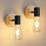 Comely Industrial Wall Light 2 Pack, Vintage Wood & Black Metal Indoor Wall Lamp, E27 Wall Sconce Fixture for Living Room Bedroom Kitchen Bar Pub (Bulb Not Included)