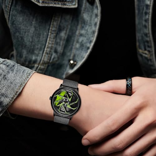 Image of FANMIS Men's Racing Car Wheel Watch 3D Spinning Dial Stainless Steel Watch | Creative 3D Spinning Car Quartz Large Skeleton Face and 30M Water Resistance Designed for Car Fans and Daily Wear.
