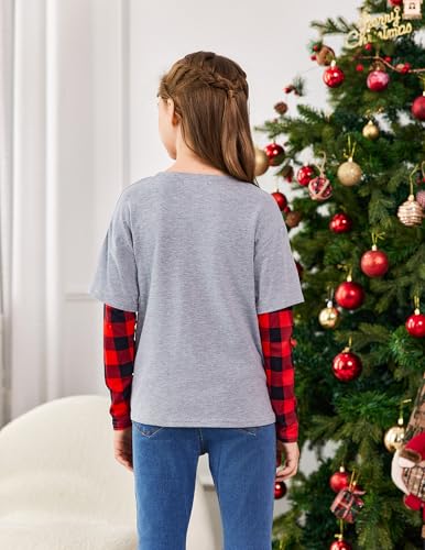 Arshiner Girls Christmas Halloween Long Sleeve Shirts Graphic Stripe Plaid Patchwork Top Tee4