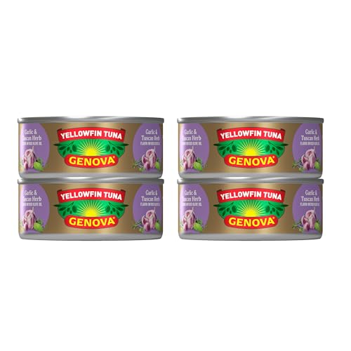 Genova Premium Yellowfin Tuna in Garlic and Tuscan Herb Infused Olive Oil, Wild Caught, Solid Light, 5 oz. Can (Pack of 4)