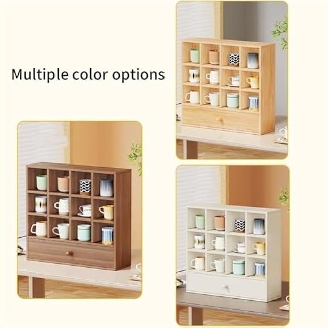 Multi-Layer Coffee Cup Organizer Wooden Display Rack with Drawer Countertop Cup Holder Storage Shelf for Kitchen Dining Room Space Saver(White)