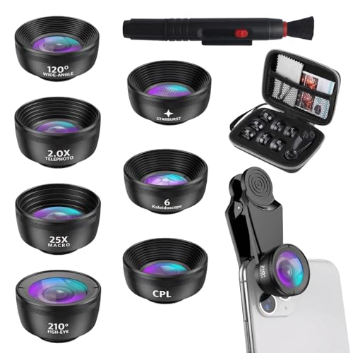 7-in-1 Handy Objektiv Teleobjektiv für Smartphone,210 ° Fisheye Lens,120 ° Weitwinkel,CPL-Filter,25X und 2.0X,Kaleidoskop und Starlight-Objektiv,für...
