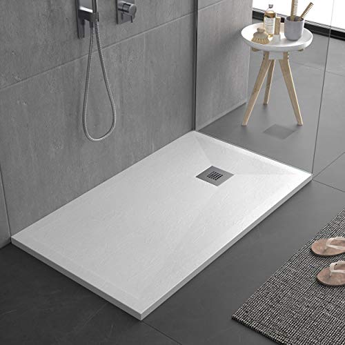 Piatto doccia bianco, in mineralmarmo con effetto pietra ardesia, serie Lion, slim 3 cm, rivestito di Gelcoat, antiscivolo (90x140)