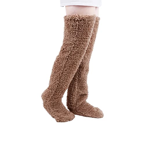 ZHDOKA Chaussettes hautes duveteuses au-dessus du genou, longues jambières en peluche, chaussettes d'hiver pour la maison, chaussettes hautes pour femme Cover