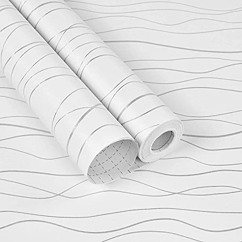 Image of Silver Wave White Self-Adhesive Wallpaper for Walls - Waterproof PVC Vinyl Peel and Stick Wall Stickers for Living Room, Bedroom, Kitchen & Furniture (45 x 300 cm)