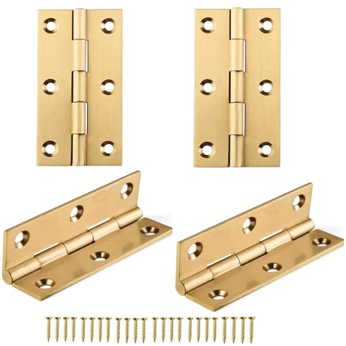 Heuskay Lot de 4 charnières en laiton massif, doré, 6,3 cm, polies, facile à installer, montage sur porte, pour porte de maison ou d'armoire, fenêtre,...