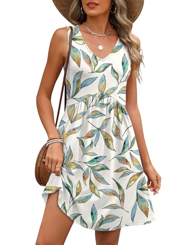 ANRABESS Dresses for Women Beach Vacation Clothes V Neck Sleeveless Loose Flowy A-Line Dress Summer Casual Short Sundress White Colorful Leaf S