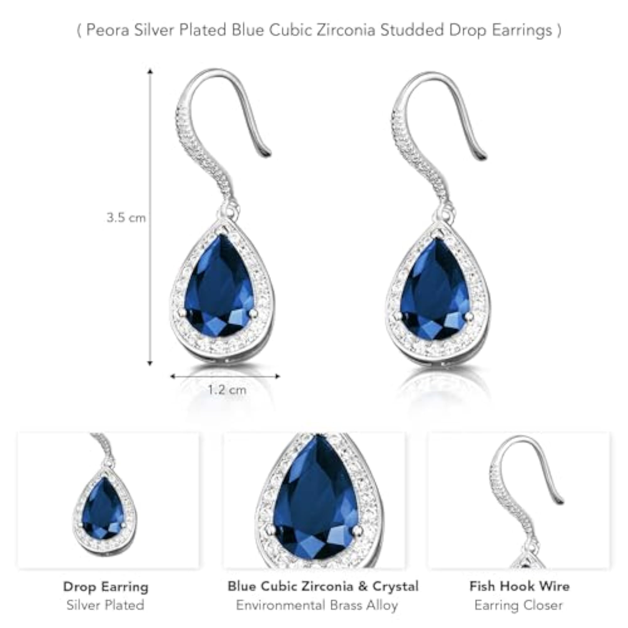 Women's Silver Plated Blue Cubic Zirconia Drop Earrings