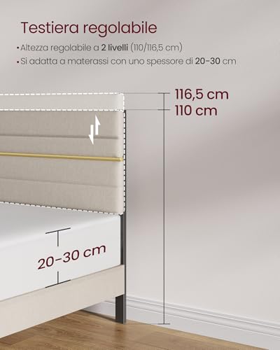 Vasagle Struttura Letto Matrimoniale, Telaio Letto, Per Materasso 160 X 200 Cm, Testiera Imbottita Regolabile, Metallo E Legno, Moderno, Beige Cappuccino RMB505LH01 - 7
