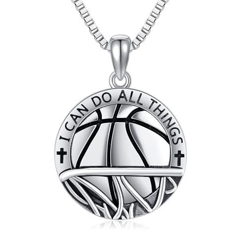 YAFEINI Basketball Necklace 925 Sterling Silver Never Give Up I Can Do All Things Pendant Basketball Sport Jewelry Gifts for Men Basketball Lovers