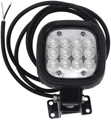 Front view of the WAS 978 W130 Work Light, showing the square black housing, clear lens, and twelve bright LED elements arranged in a grid. A sturdy metal mounting bracket is attached to the bottom, and black power cables extend from the back.