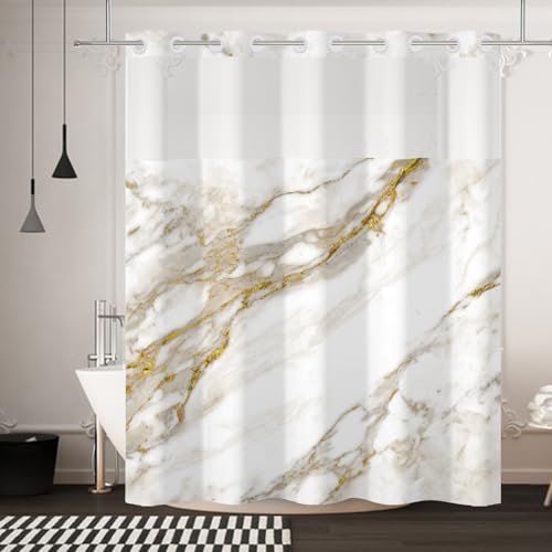 Yanutan No Hook Shower Curtain,Gold White Marble Double-Layered Shower Curtain with Snap-in Liner and Weights,Fabric Bath Curtain with See Through Mesh, 71x74in