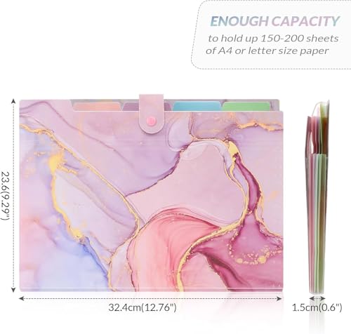 Image of Corslet Expanding File Folder, Aesthetic Folders for School, Accordion File Organizer, Aesthetic Folder with Labels,5 Pockets Important Document Folders (Pink Marble File Folder)
