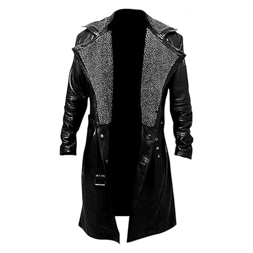 F&F Classic Men's WW2 German Military Black Belted Real Lambskin Leather Fur Collar Long Trench Winter Coat