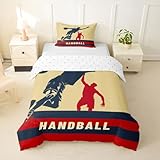 Homewish Retro Handball Bettwäsche 135x200 Beige Dunkelblau Rot Handball Silhouetten Bettwäsche Set Streifen Elementen Design Bettbezug Modernes Handballspieler Dekor Bettset 2 Teilig Schlafzimmer