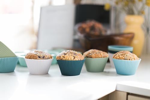 Image of The Silicone Kitchen Reusable JUMBO Silicone Baking Cup, Non-Toxic, BPA Free, Dishwasher Safe, Jumbo, 12 Pack, White Blue Green