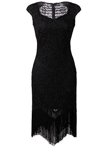 Vijiv Vintage 1920s Inspired Embellished Beaded Lace Cocktail Flapper Dress Black